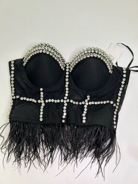 Crystal-Embellished Black Feather Crop Top